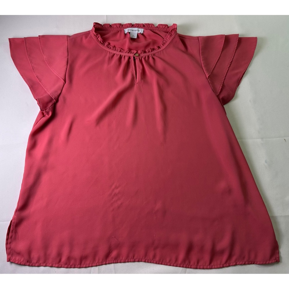 Liz Claiborne Pink Ruffle‎ Neck Flutter Sleeve Blouse Plus Size PL
